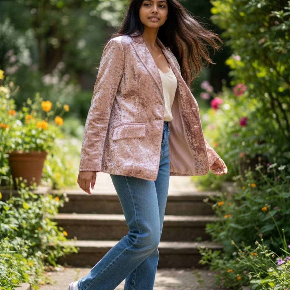 Chic Women's Blazer in Shimmering Pink Velvet